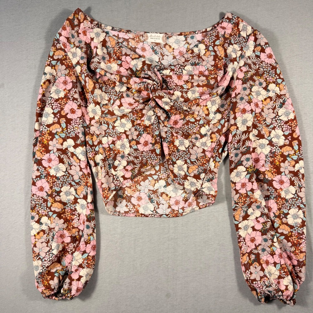 Altar'd State Floral Twist Front Crop Top Pink Brown Boho Balloon Sleeve Medium